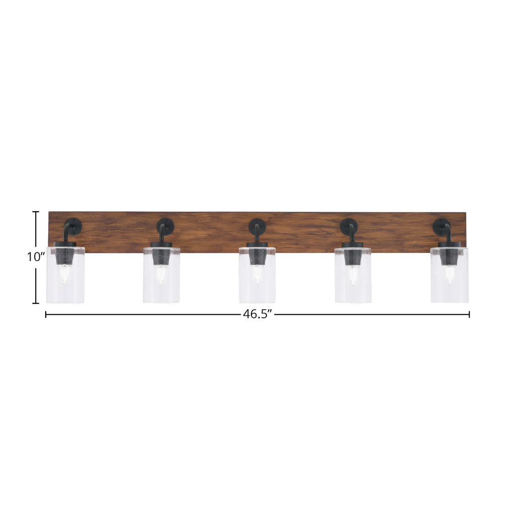 Oxbridge Five Light Bath Bar in Matte Black & Painted Wood-look Metal with 4" Clear Bubble Shade