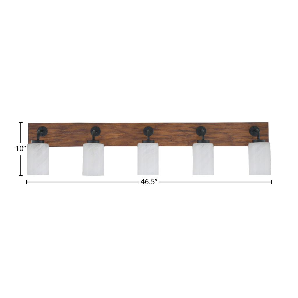 Oxbridge Five Light Bath Bar in Matte Black & Painted Wood-look Metal with 4" White Marble Shade