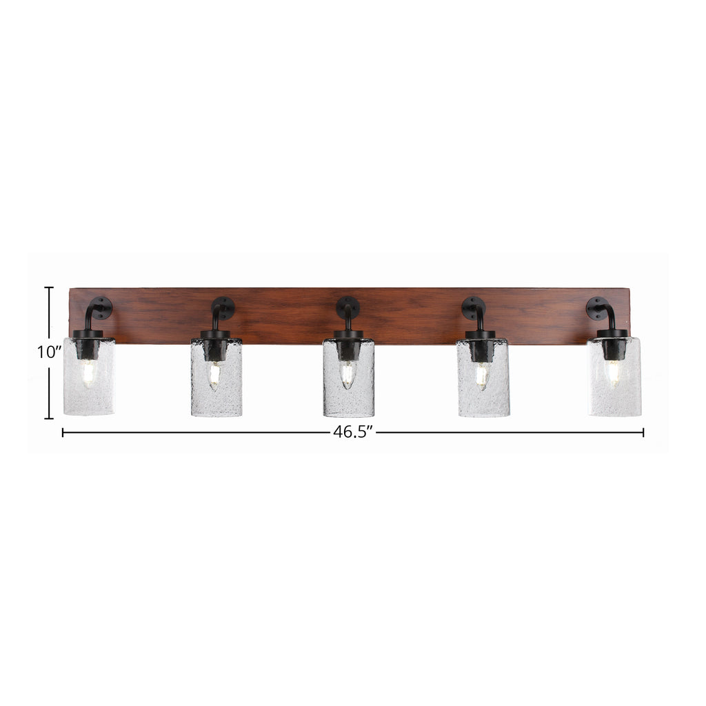 Oxbridge Five Light Bath Bar in Matte Black & Painted Wood-look Metal with 4" Smoke Bubble Shade