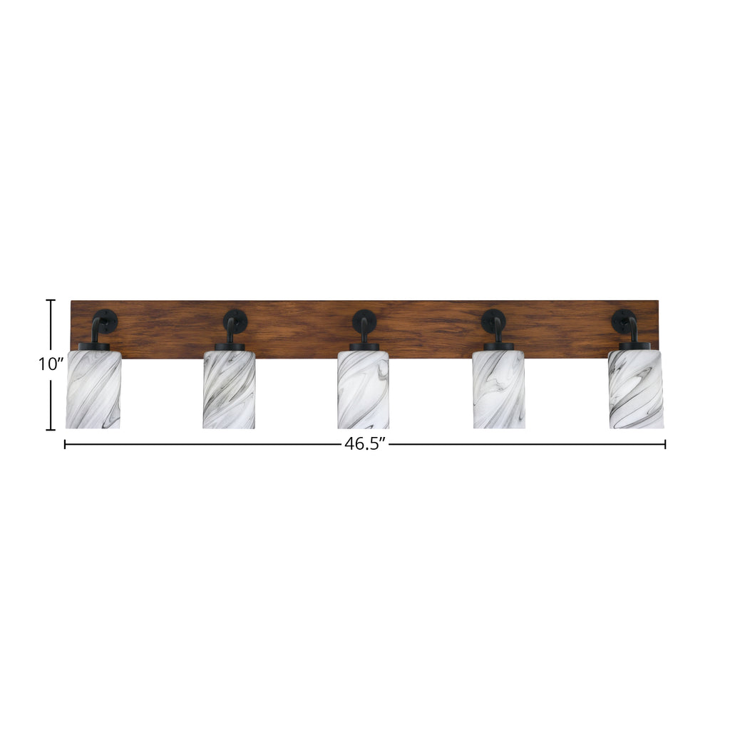 Oxbridge Five Light Bath Bar in Matte Black & Painted Wood-look Metal with 4" Onyx Swirl Shade
