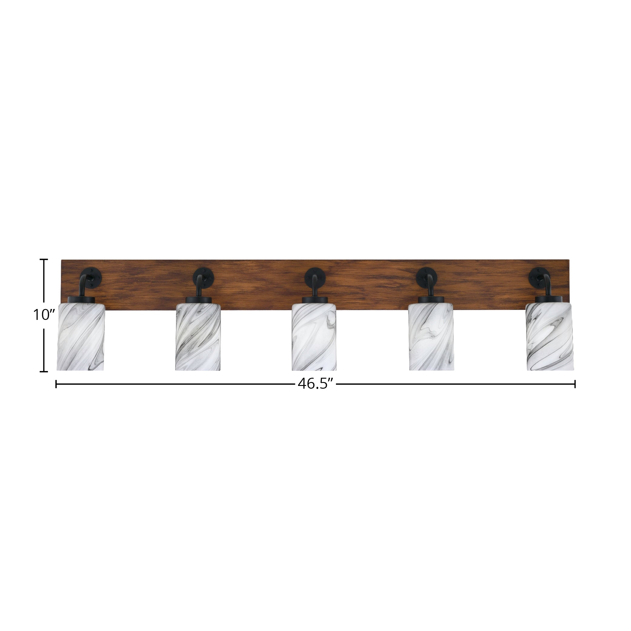 Oxbridge Five Light Bath Bar in Matte Black & Painted Wood-look Metal with 4" Onyx Swirl Shade