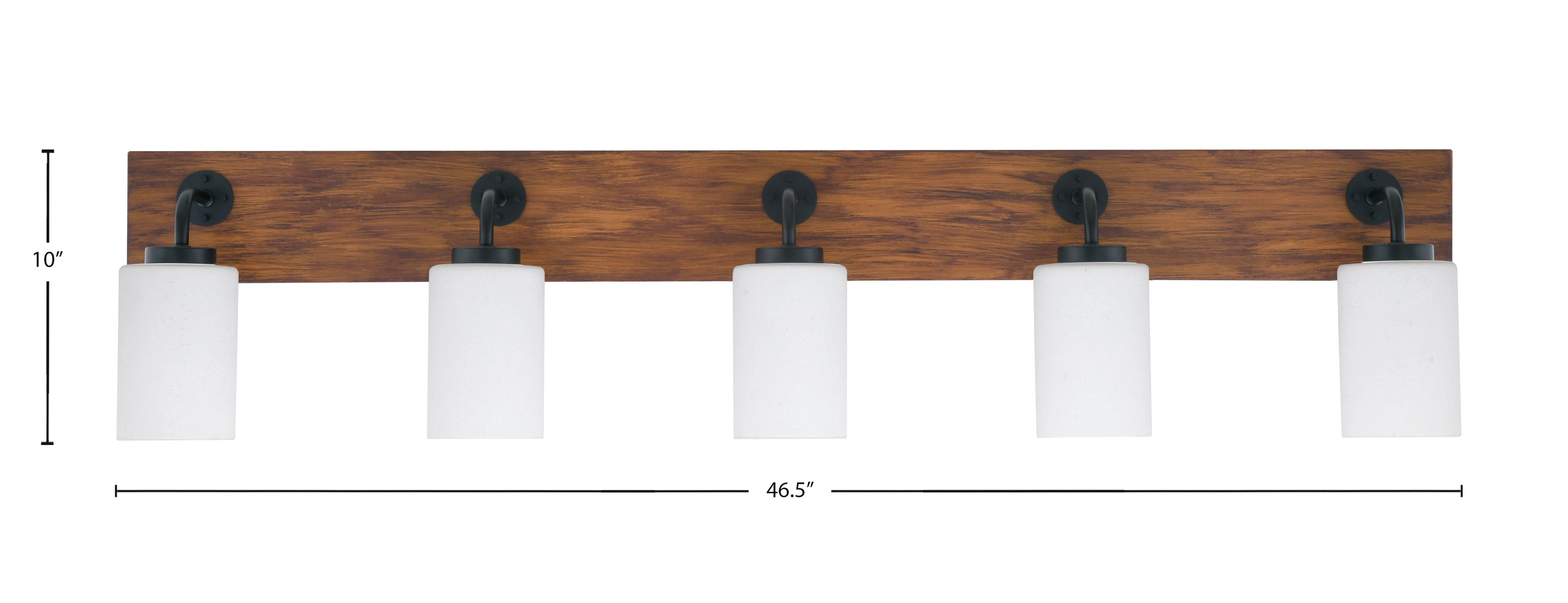 Oxbridge Five Light Bath Bar in Matte Black & Painted Wood-look Metal with 4" White Muslin Shade