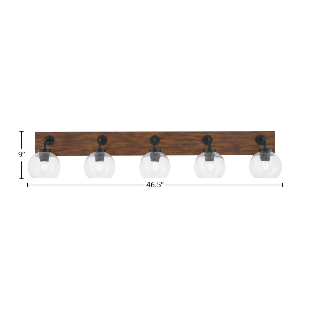 Oxbridge Five Light Bath Bar in Matte Black & Painted Wood-look Metal with 5.75" Clear Bubble Shade