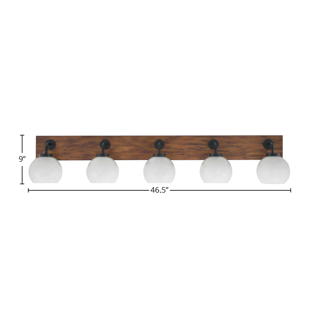 Oxbridge Five Light Bath Bar in Matte Black & Painted Wood-look Metal with 5.75" White Marble Shade