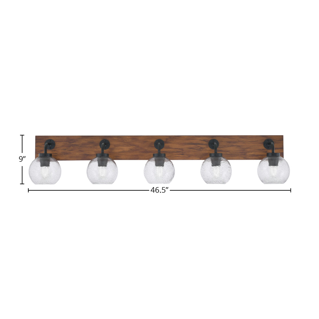 Oxbridge Five Light Bath Bar in Matte Black & Painted Wood-look Metal with 5.75" Smoke Bubble Shade