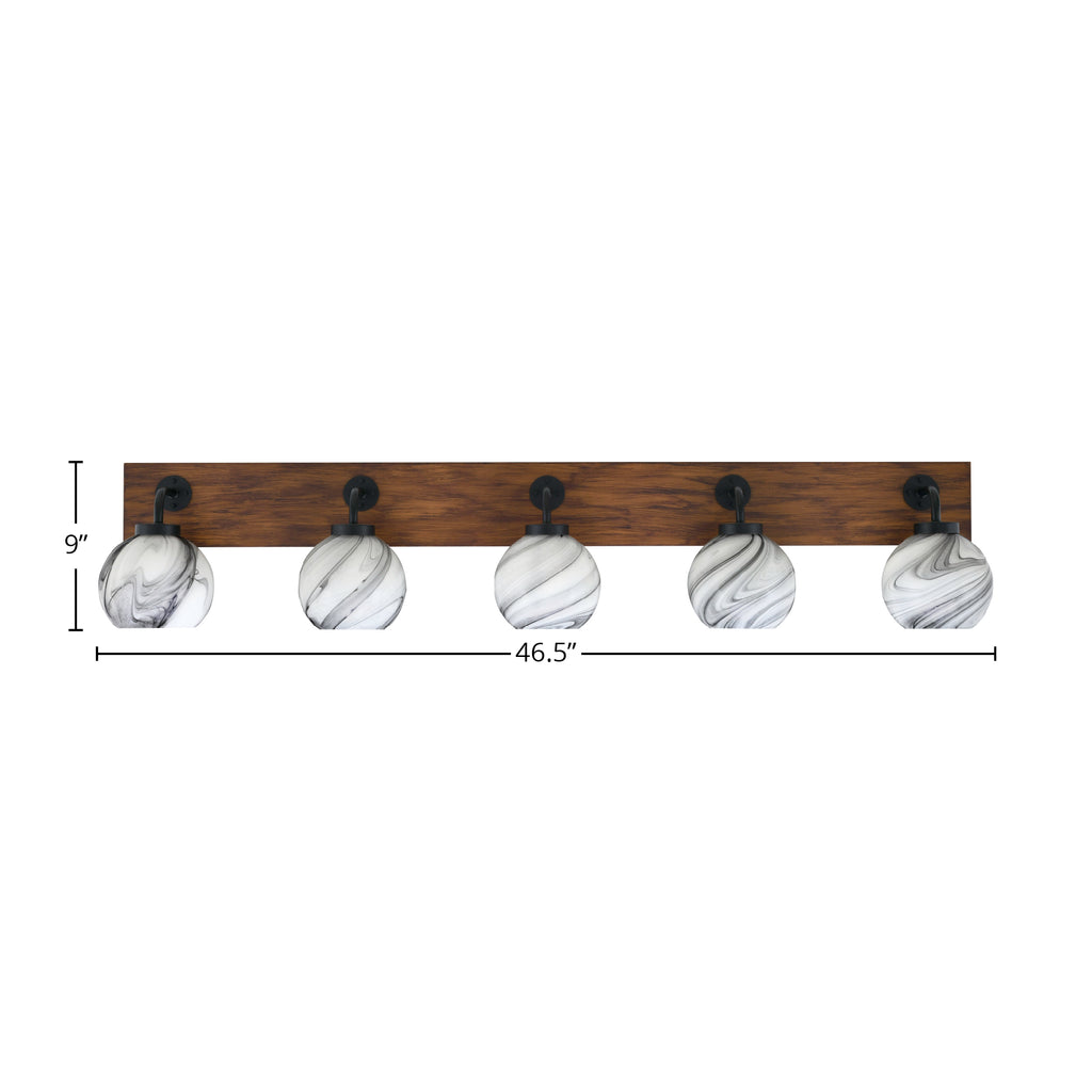 Oxbridge Five Light Bath Bar in Matte Black & Painted Wood-look Metal with 5.75" Onyx Swirl Shade