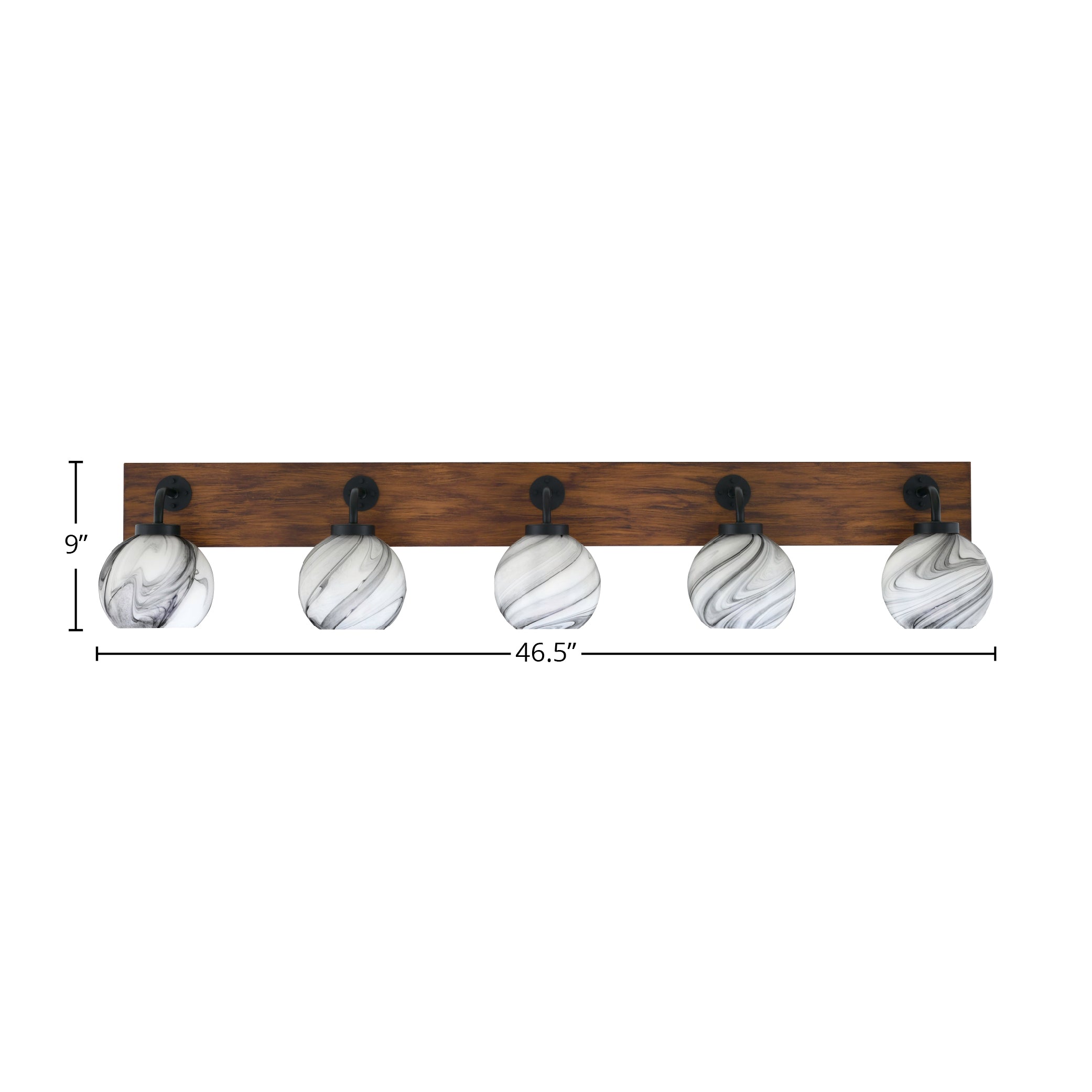 Oxbridge Five Light Bath Bar in Matte Black & Painted Wood-look Metal with 5.75" Onyx Swirl Shade