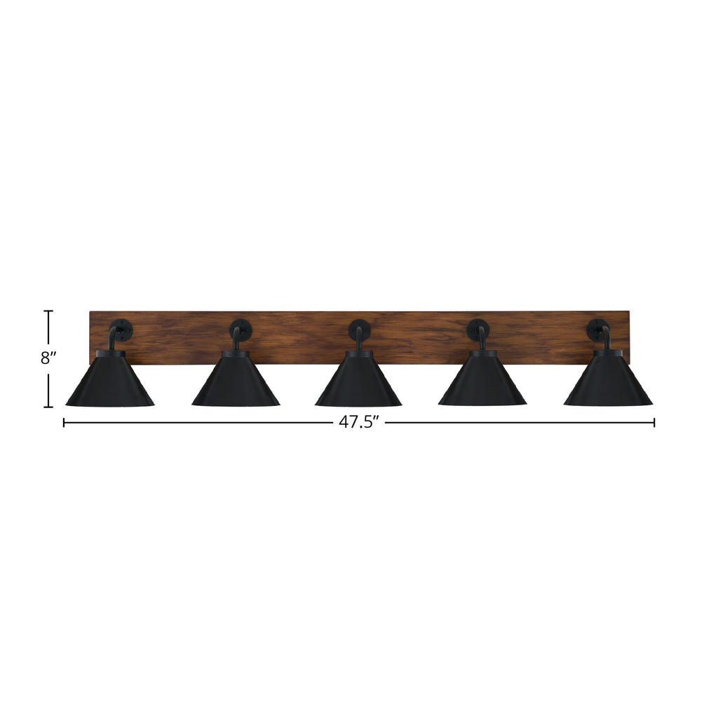 Oxbridge Five Light Bath Bar in Matte Black & Painted Wood-look Metal with 7" Matte Black Cone Metal Shade Shade