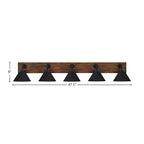 Oxbridge Five Light Bath Bar in Matte Black & Painted Wood-look Metal with 7" Matte Black Cone Metal Shade Shade