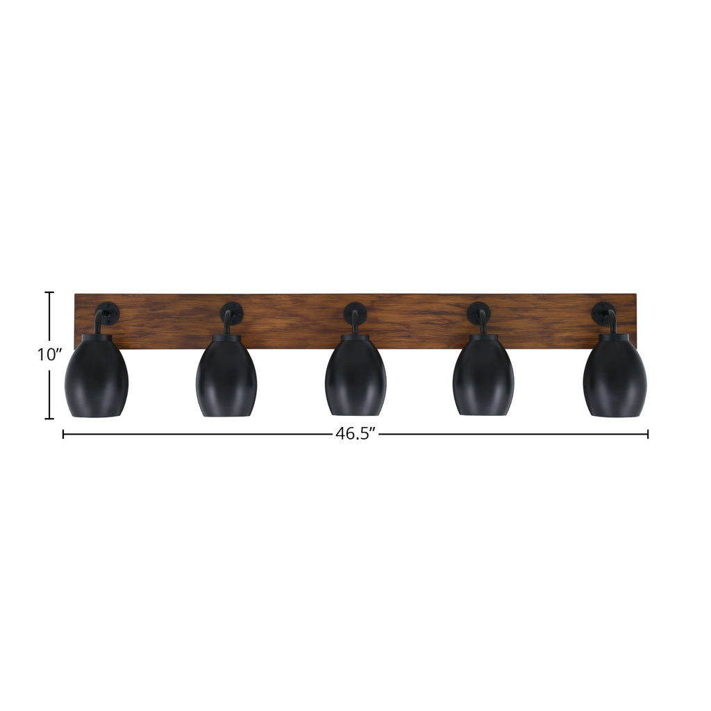 Oxbridge Five Light Bath Bar in Matte Black & Painted Wood-look Metal with 5" Matte Black Oval Metal Shade Shade