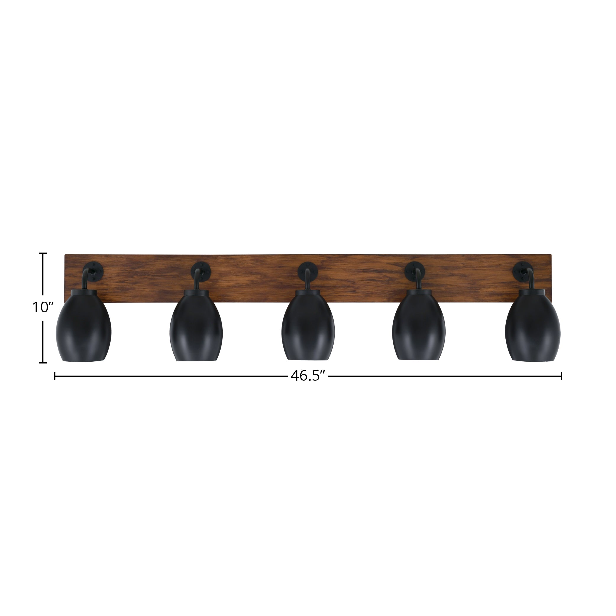 Oxbridge Five Light Bath Bar in Matte Black & Painted Wood-look Metal with 5" Matte Black Oval Metal Shade Shade