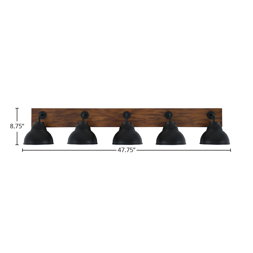 Oxbridge Five Light Bath Bar in Matte Black & Painted Wood-look Metal with 7" Matte Black Double Bubble Metal Shade Shade