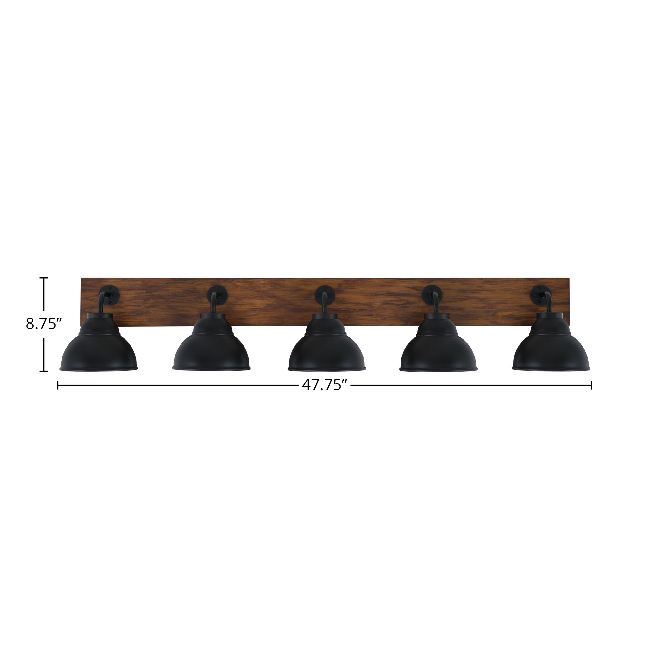 Oxbridge Five Light Bath Bar in Matte Black & Painted Wood-look Metal with 7" Matte Black Double Bubble Metal Shade Shade