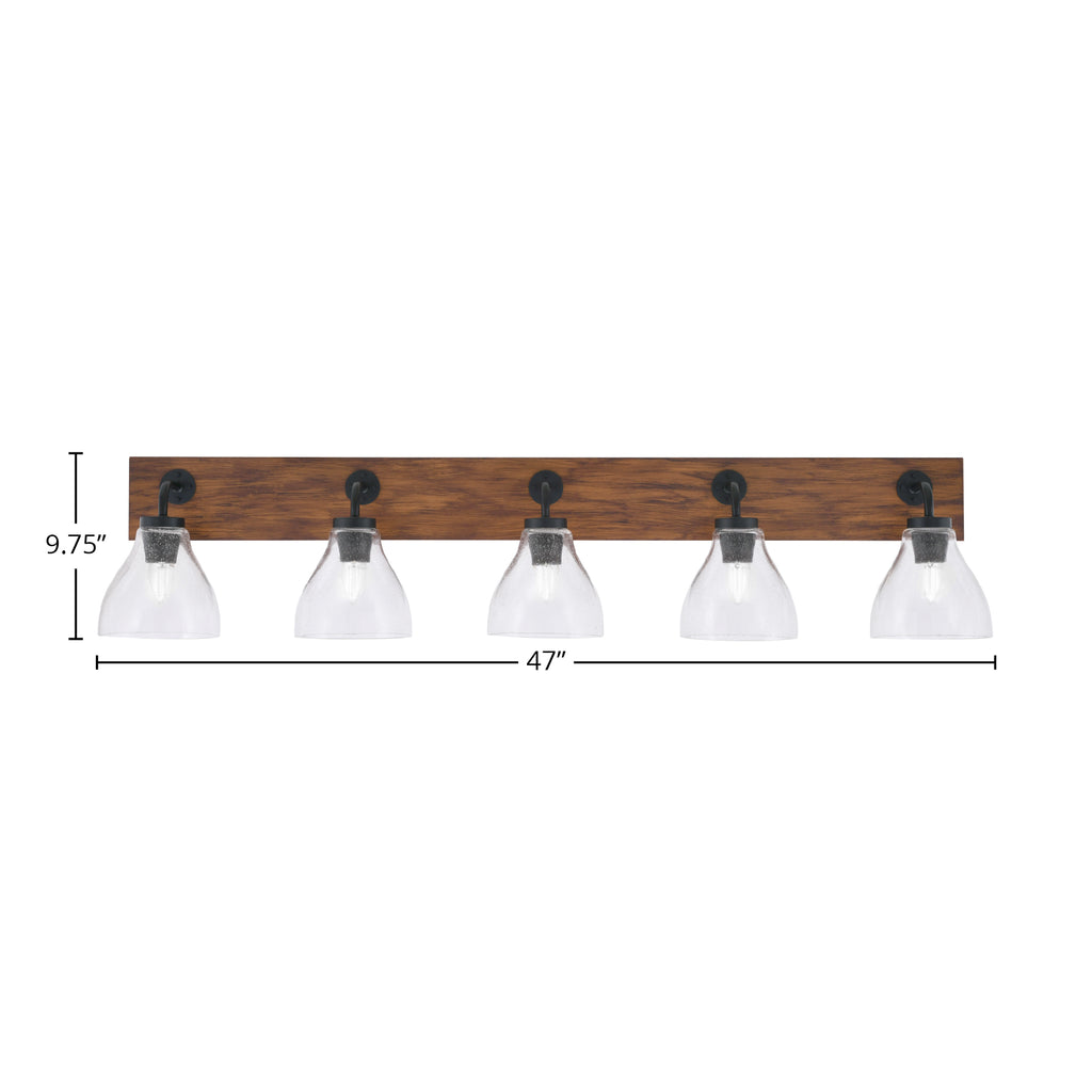 Oxbridge Five Light Bath Bar in Matte Black & Painted Wood-look Metal with 6.25" Clear Bubble Shade