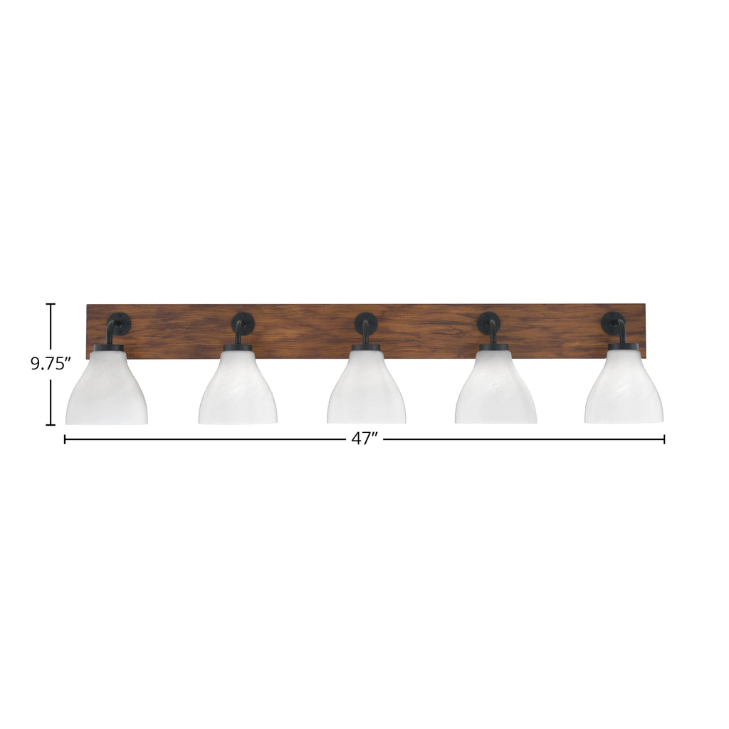 Oxbridge Five Light Bath Bar in Matte Black & Painted Wood-look Metal with 6.25" White Marble Shade