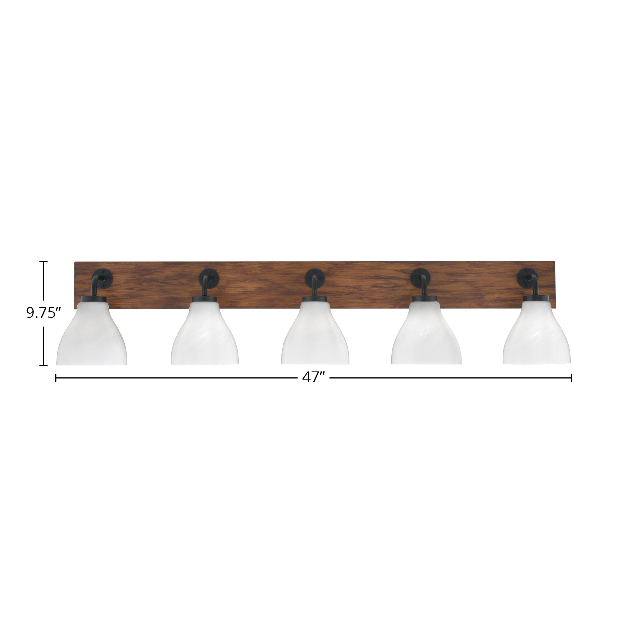 Oxbridge Five Light Bath Bar in Matte Black & Painted Wood-look Metal with 6.25" White Marble Shade