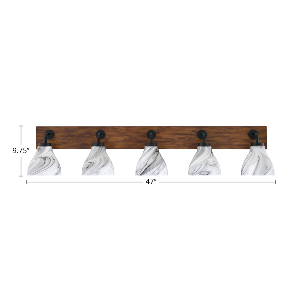 Oxbridge Five Light Bath Bar in Matte Black & Painted Wood-look Metal with 6.25" Onyx Swirl Shade