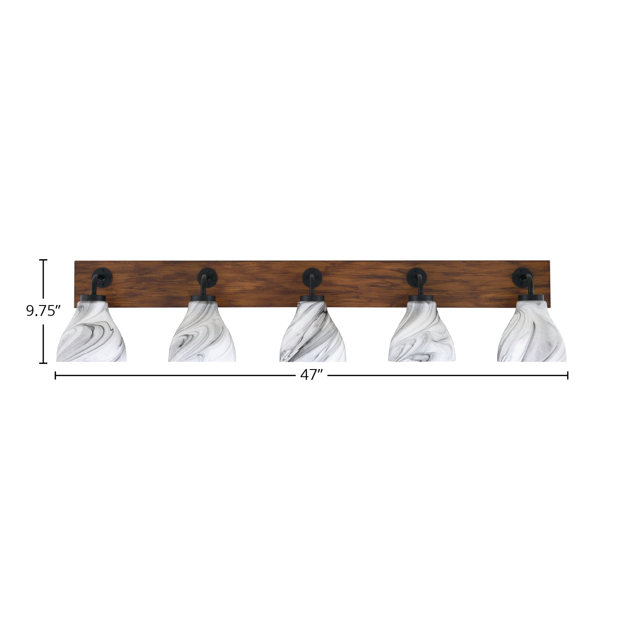 Oxbridge Five Light Bath Bar in Matte Black & Painted Wood-look Metal with 6.25" Onyx Swirl Shade