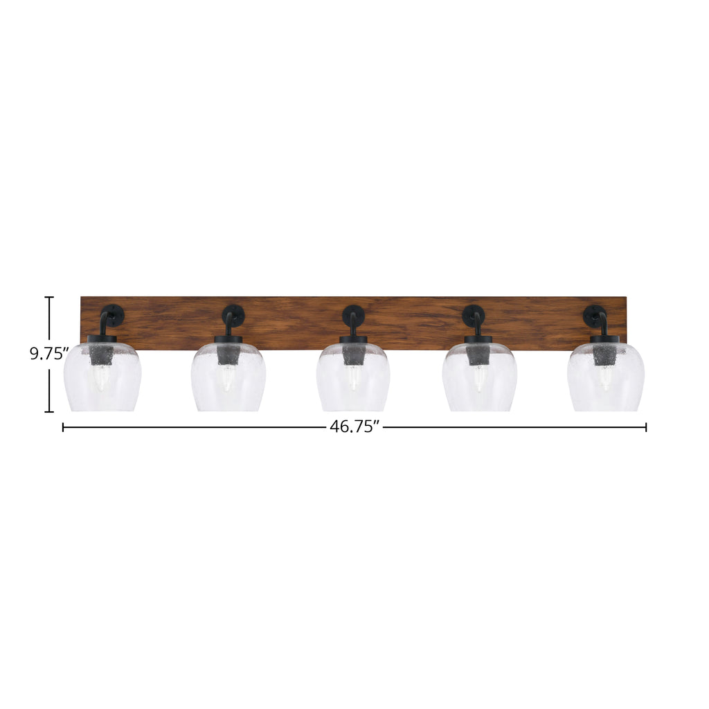 Oxbridge Five Light Bath Bar in Matte Black & Painted Wood-look Metal with 6" Clear Bubble Shade