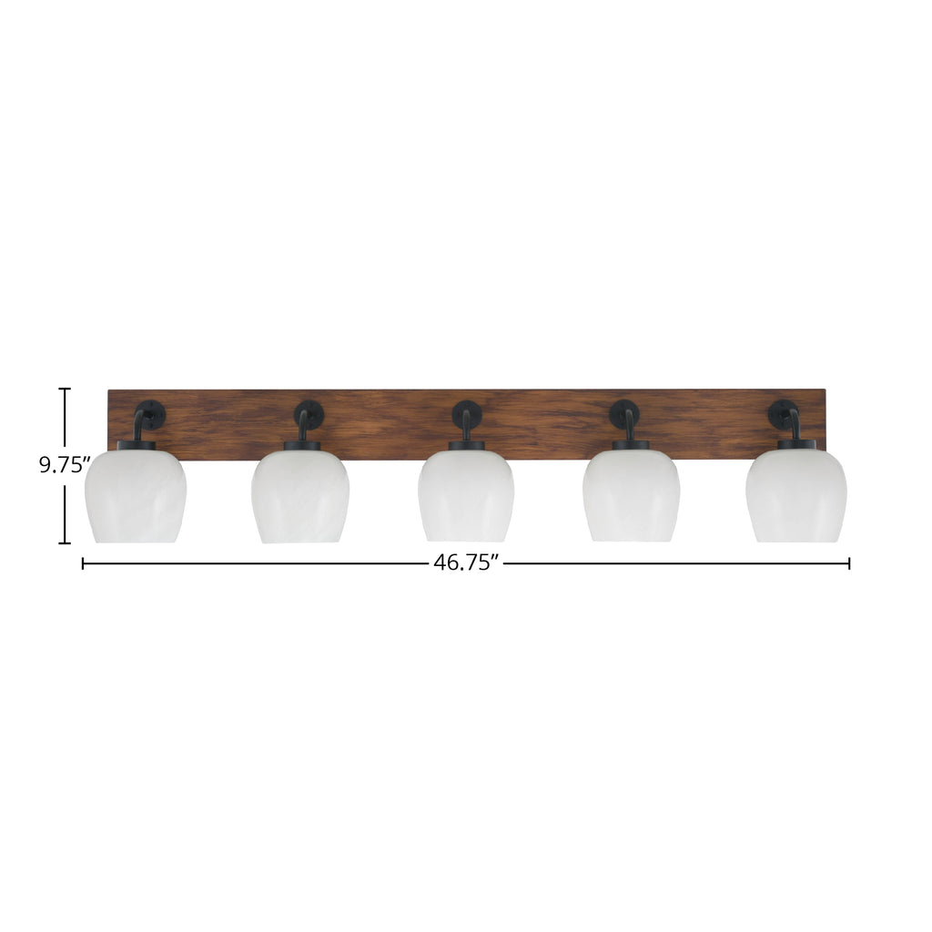 Oxbridge Five Light Bath Bar in Matte Black & Painted Wood-look Metal with 6" White Marble Shade