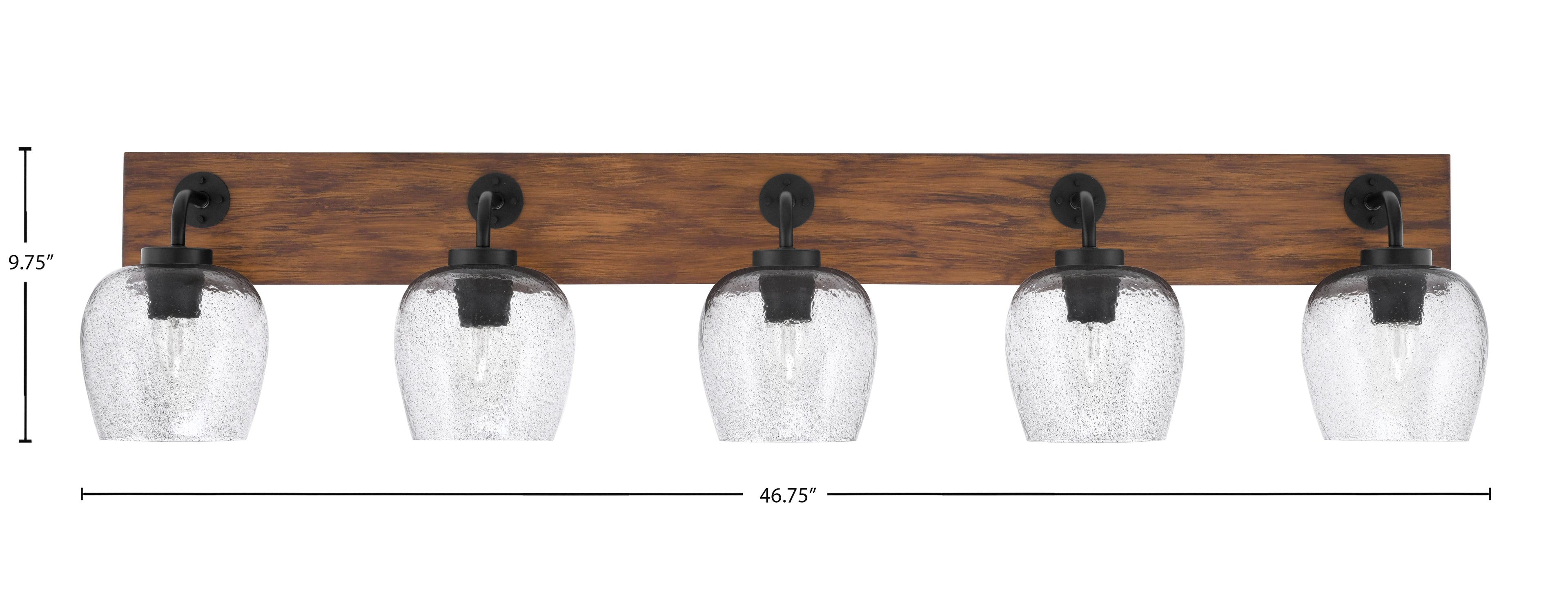 Oxbridge Five Light Bath Bar in Matte Black & Painted Wood-look Metal with 6" Smoke Bubble Shade
