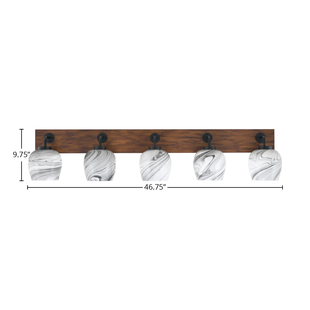 Oxbridge Five Light Bath Bar in Matte Black & Painted Wood-look Metal with 6" Onyx Swirl Shade