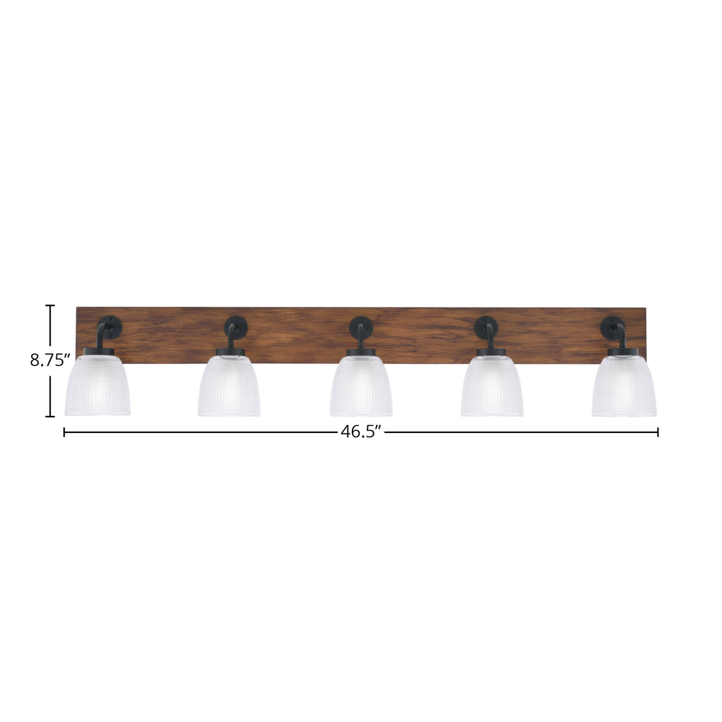 Oxbridge Five Light Bath Bar in Matte Black & Painted Wood-look Metal with 5" Clear Ribbed Shade