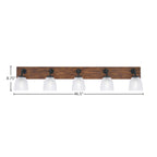 Oxbridge Five Light Bath Bar in Matte Black & Painted Wood-look Metal with 5" Clear Ribbed Shade
