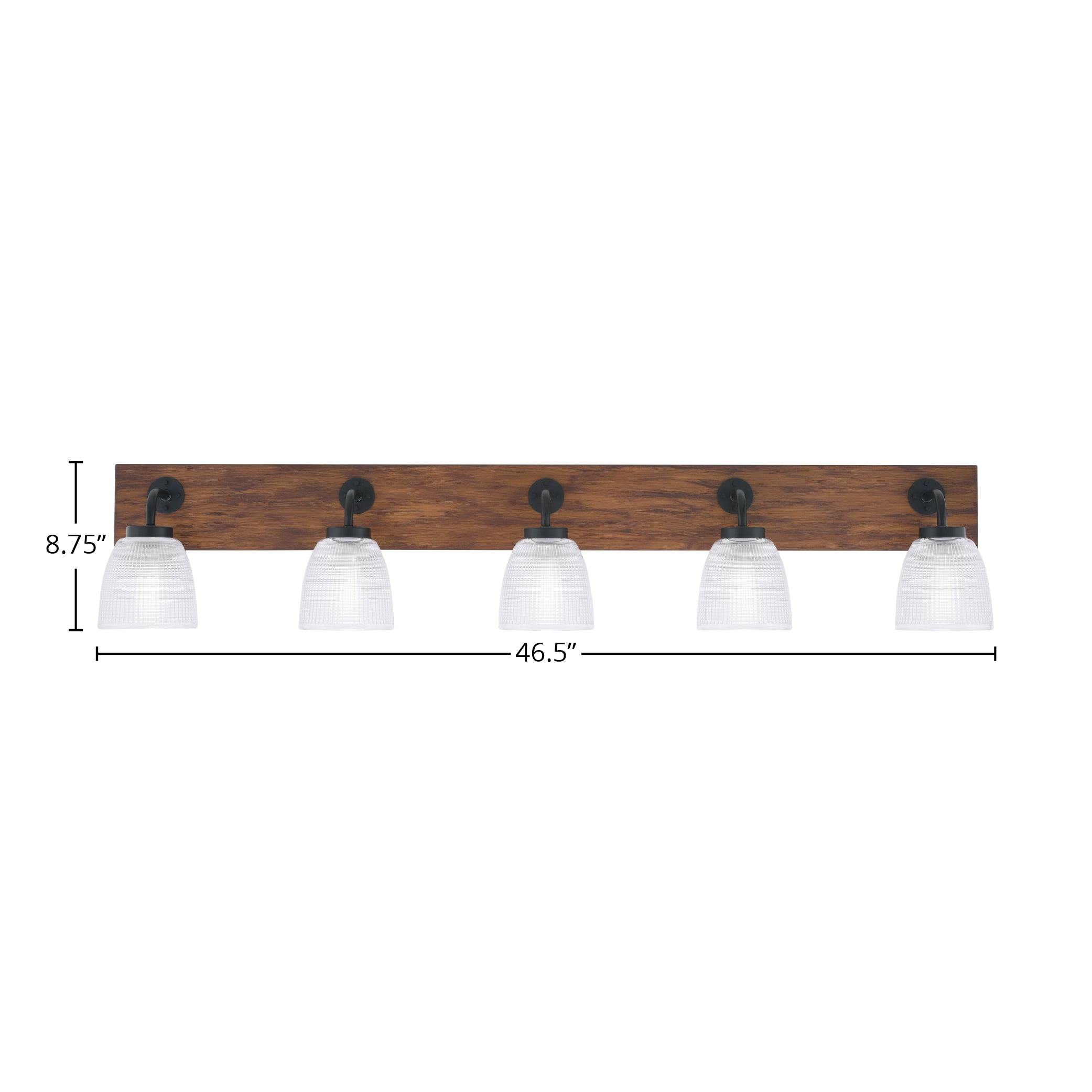 Oxbridge Five Light Bath Bar in Matte Black & Painted Wood-look Metal with 5" Clear Ribbed Shade