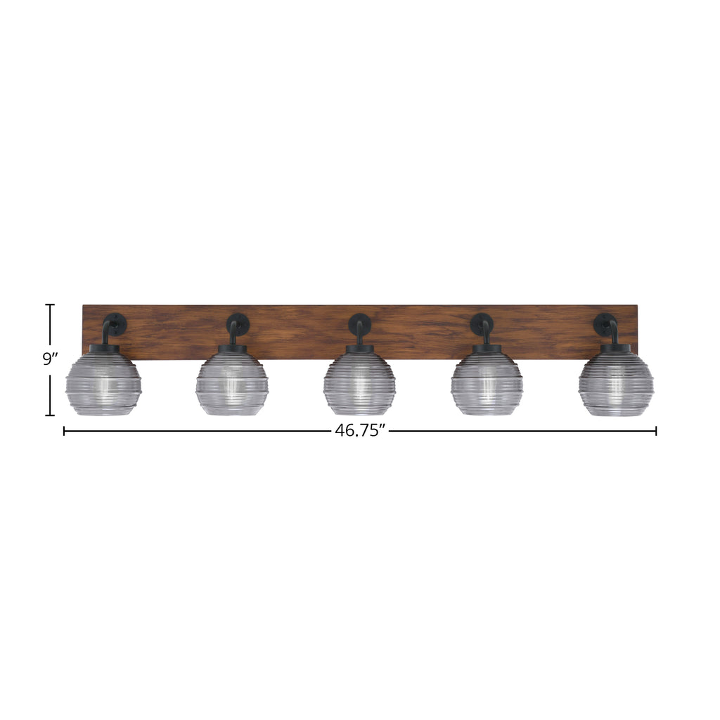 Oxbridge Five Light Bath Bar in Matte Black & Painted Wood-look Metal with 6" Smoke Ribbed Shade