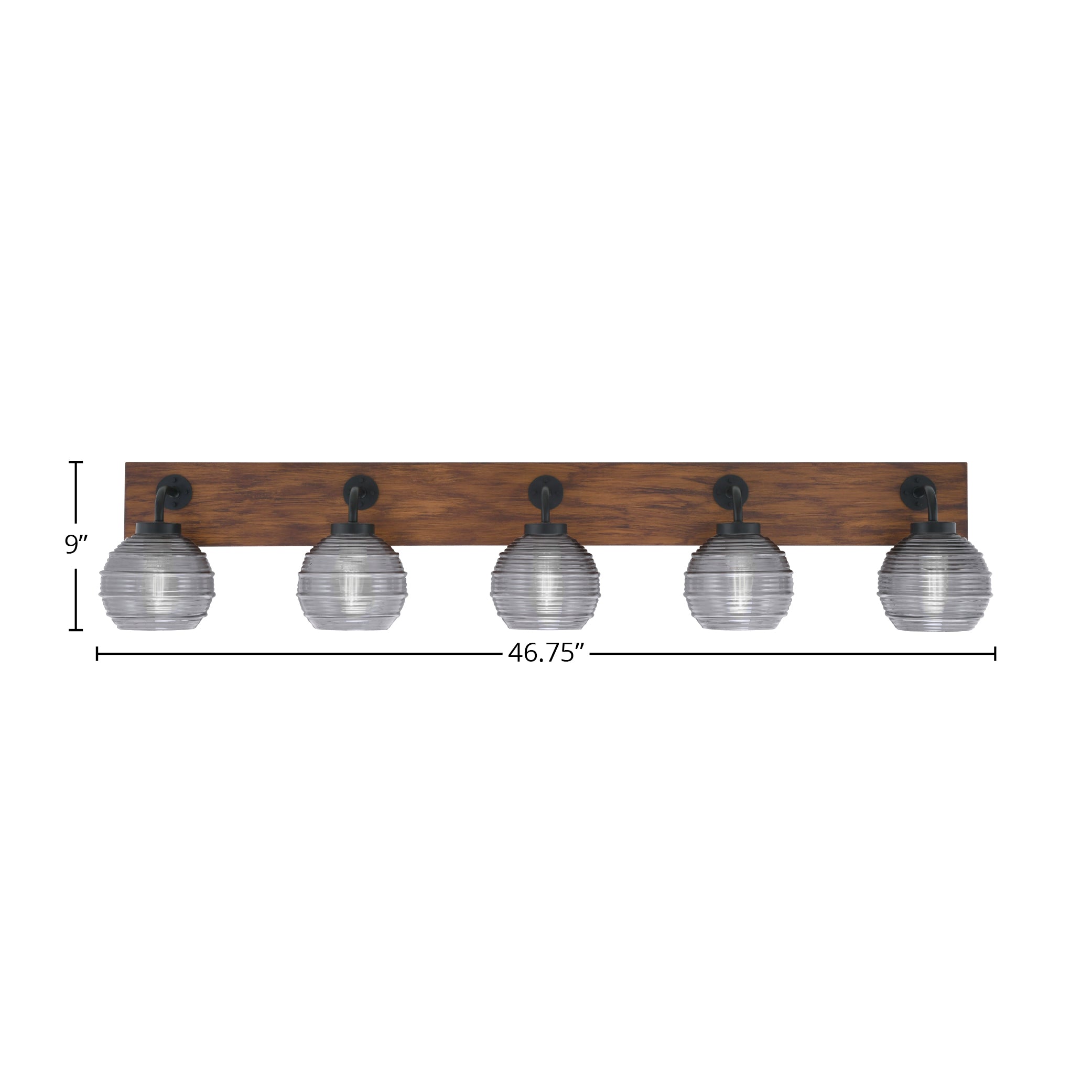 Oxbridge Five Light Bath Bar in Matte Black & Painted Wood-look Metal with 6" Smoke Ribbed Shade