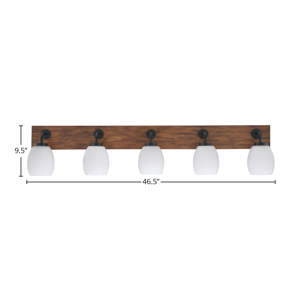 Oxbridge Five Light Bath Bar in Matte Black & Painted Wood-look Metal with 5" White Linen Shade