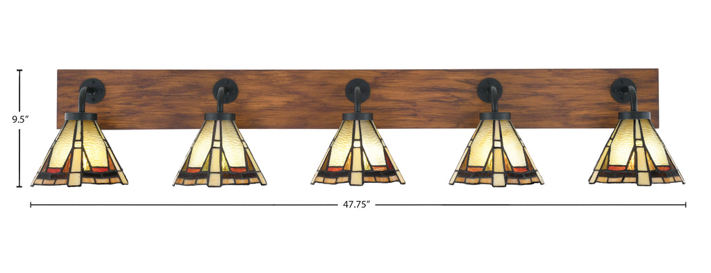 Oxbridge Five Light Bath Bar in Matte Black & Painted Wood-look Metal with 7" Zion Art Glass Shade