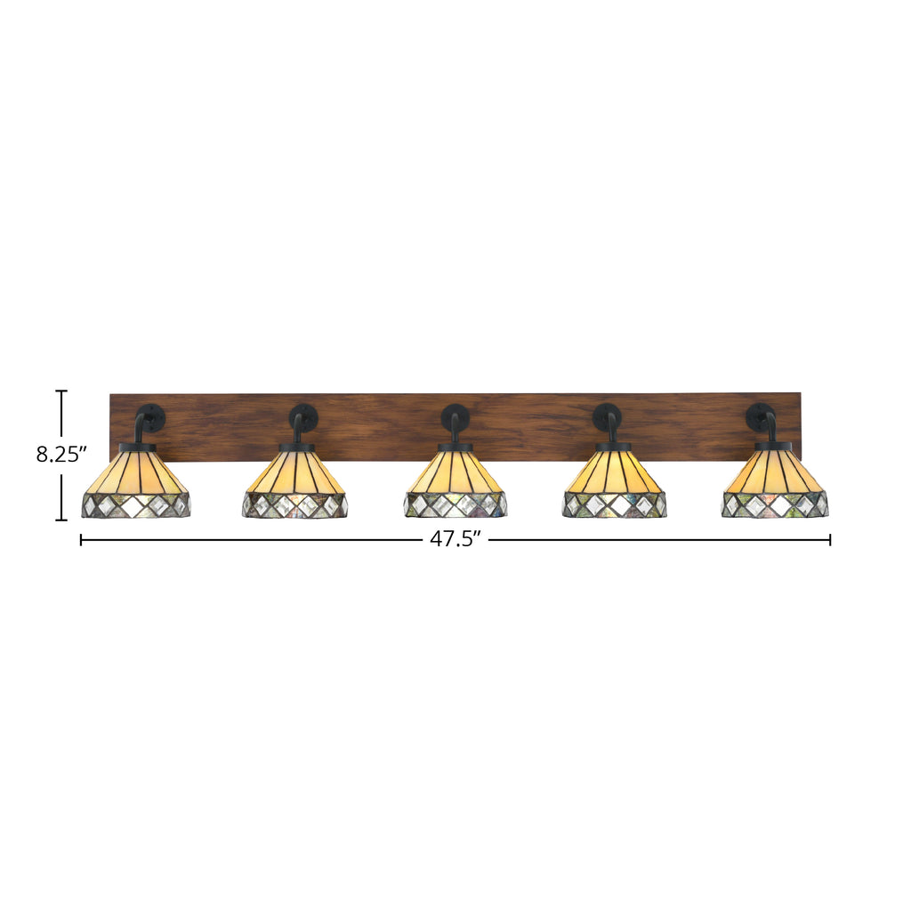 Oxbridge Five Light Bath Bar in Matte Black & Painted Wood-look Metal with 7" Diamond Peak Art Glass Shade