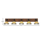 Oxbridge Five Light Bath Bar in Matte Black & Painted Wood-look Metal with 7" Diamond Peak Art Glass Shade