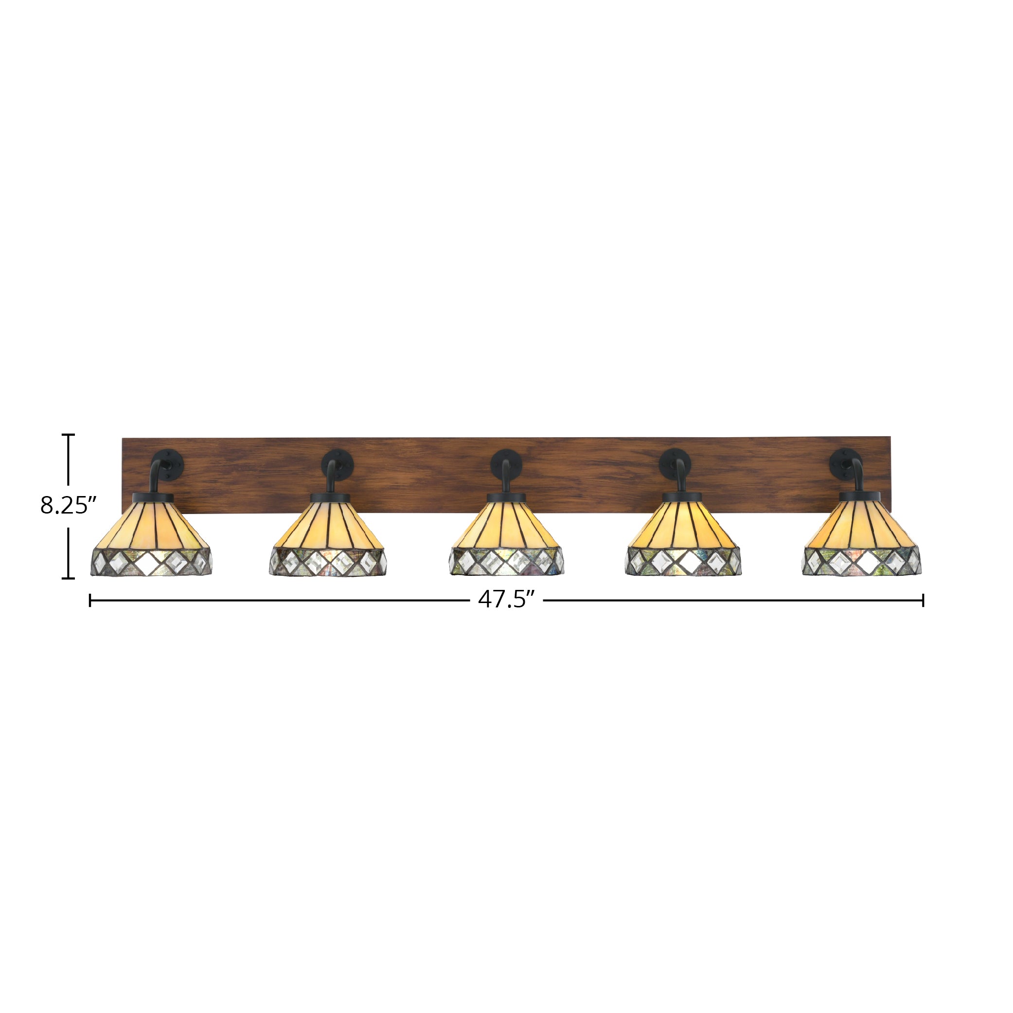 Oxbridge Five Light Bath Bar in Matte Black & Painted Wood-look Metal with 7" Diamond Peak Art Glass Shade