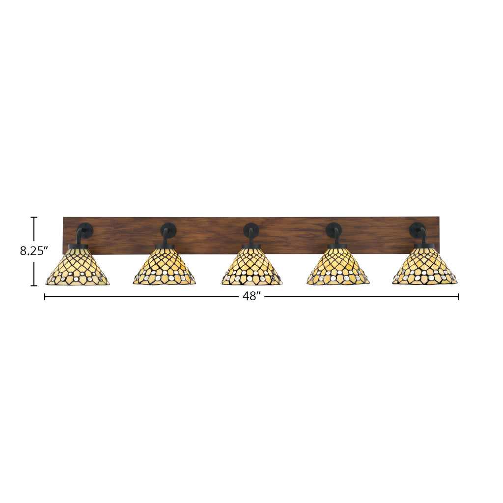 Oxbridge Five Light Bath Bar in Matte Black & Painted Wood-look Metal with 7" Starlight Art Glass Shade