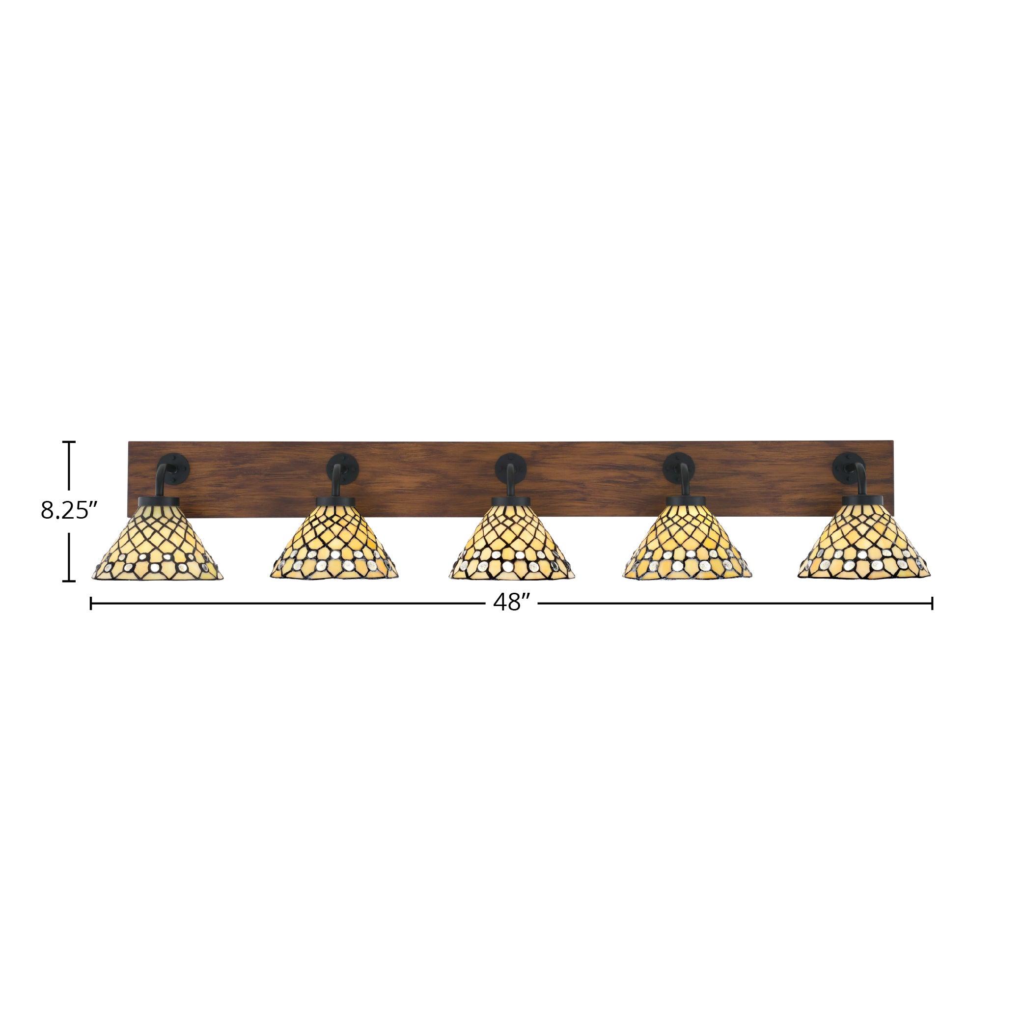 Oxbridge Five Light Bath Bar in Matte Black & Painted Wood-look Metal with 7" Starlight Art Glass Shade