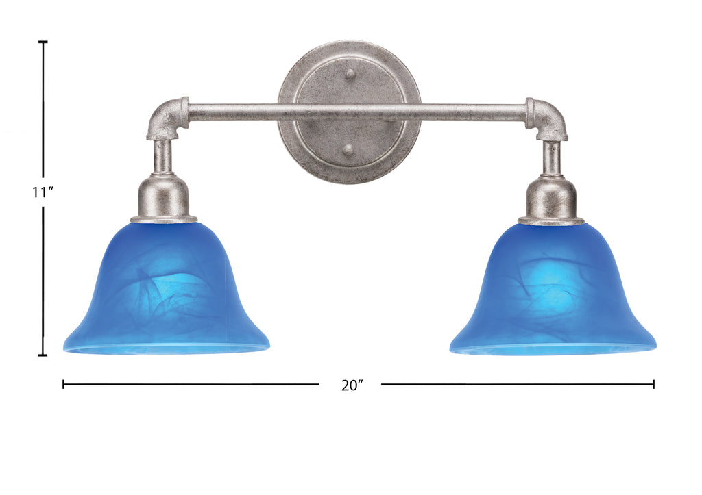 Vintage Two Light Bath Bar in Aged Silver with 7" Blue Italian Shade