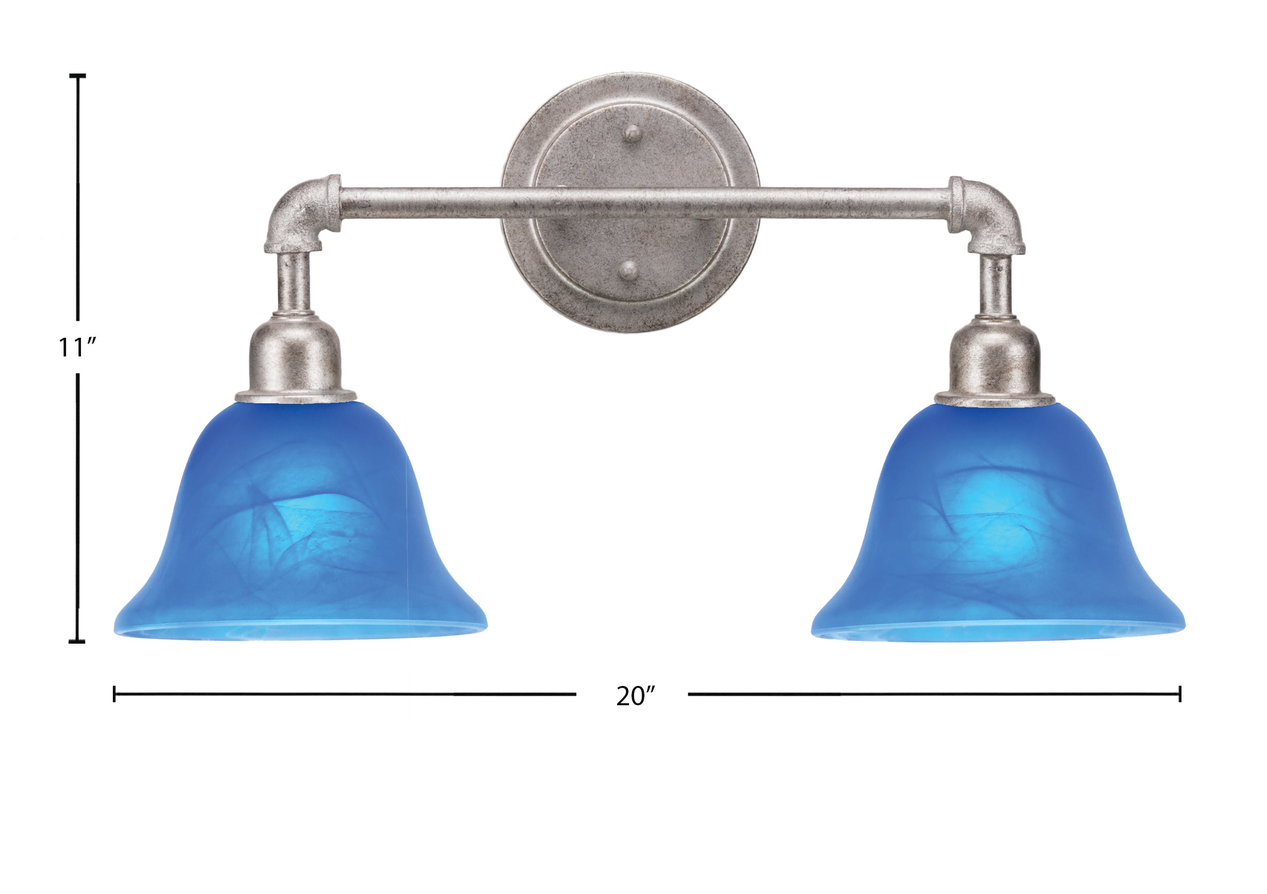 Vintage Two Light Bath Bar in Aged Silver with 7" Blue Italian Shade