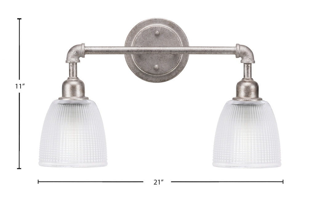 Vintage Two Light Bath Bar in Aged Silver with 5" Clear Ribbed Shade