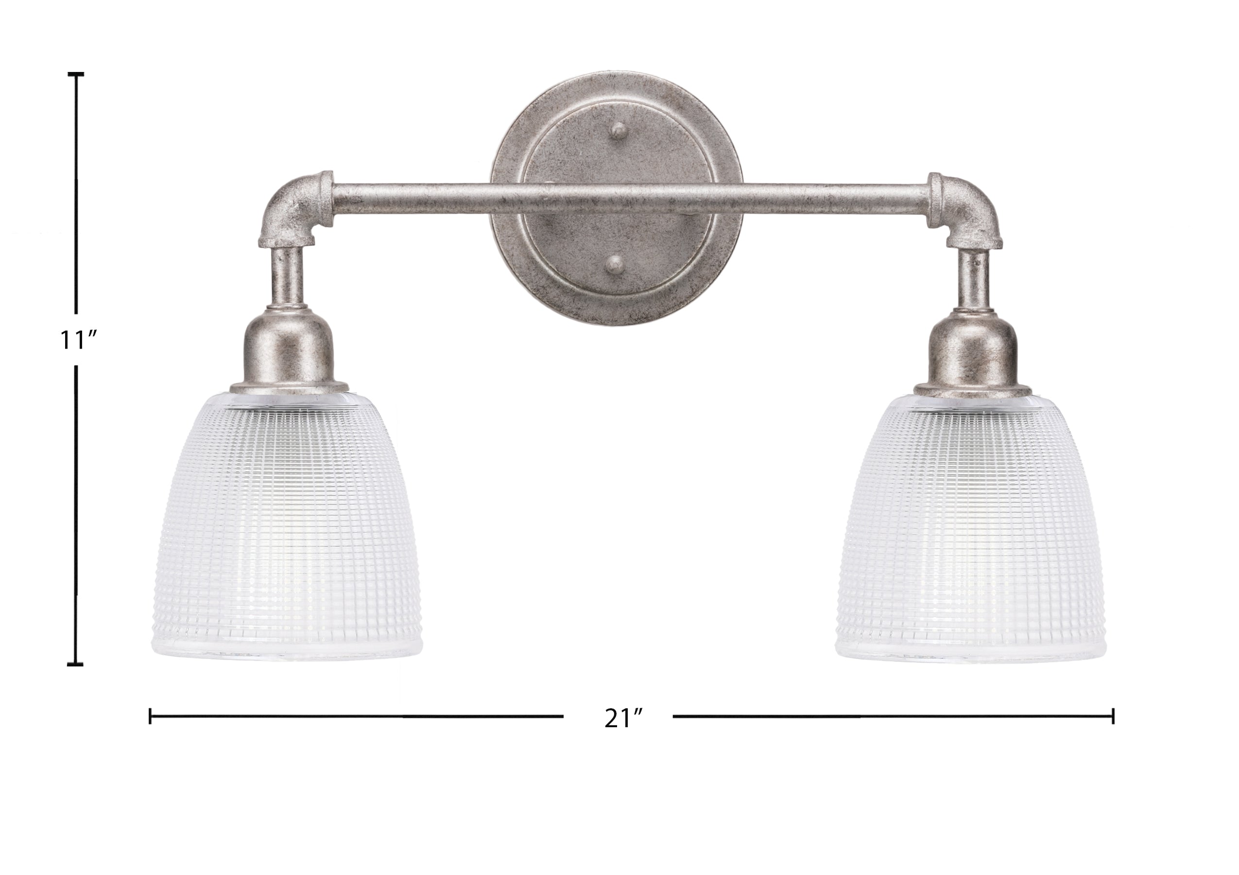 Vintage Two Light Bath Bar in Aged Silver with 5" Clear Ribbed Shade
