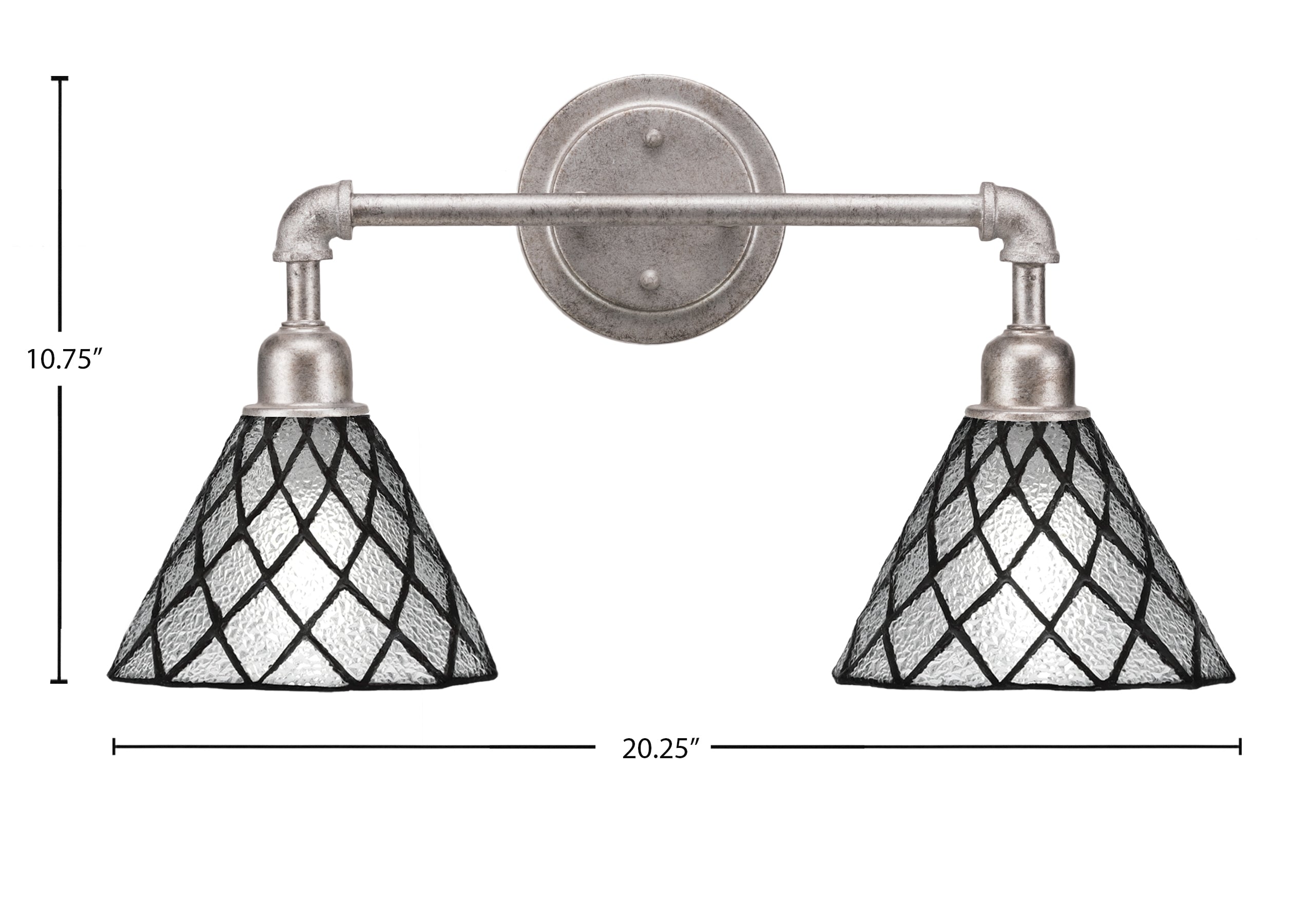 Vintage Two Light Bath Bar in Aged Silver with 7" Diamond Ice Art Glass Shade