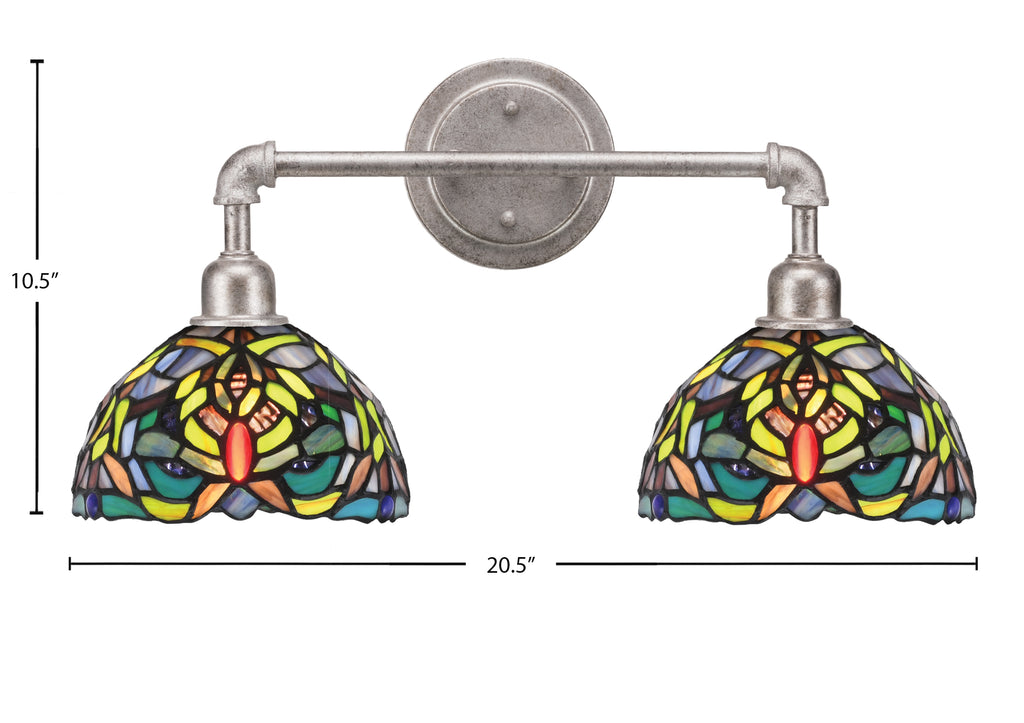 Vintage Two Light Bath Bar in Aged Silver with 7'' Kaleidoscope Art Glass Shade