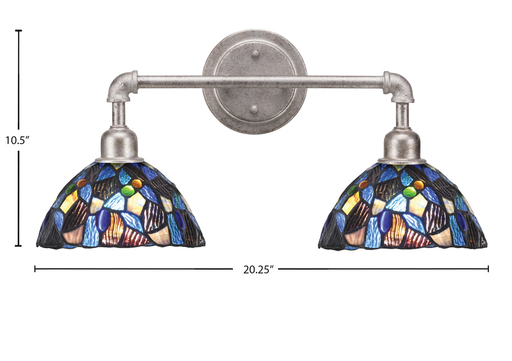 Vintage Two Light Bath Bar in Aged Silver with 7" Blue Mosaic Art Glass Shade