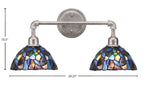 Vintage Two Light Bath Bar in Aged Silver with 7" Blue Mosaic Art Glass Shade