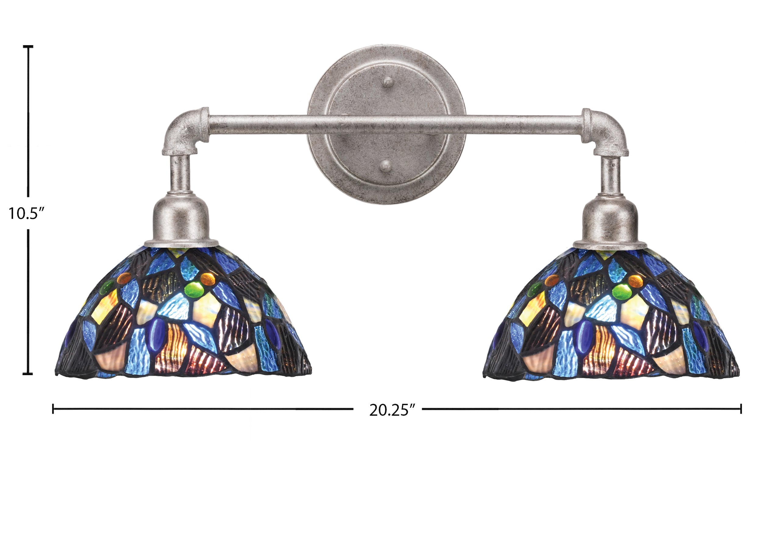 Vintage Two Light Bath Bar in Aged Silver with 7" Blue Mosaic Art Glass Shade
