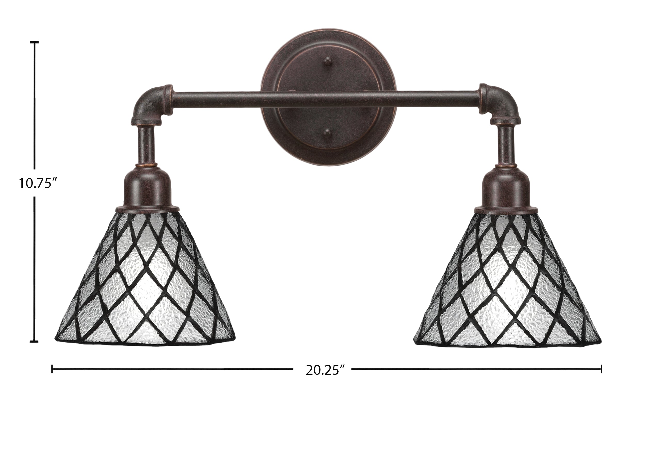 Vintage Two Light Bath Bar in Dark Granite with 7" Diamond Ice Art Glass Shade