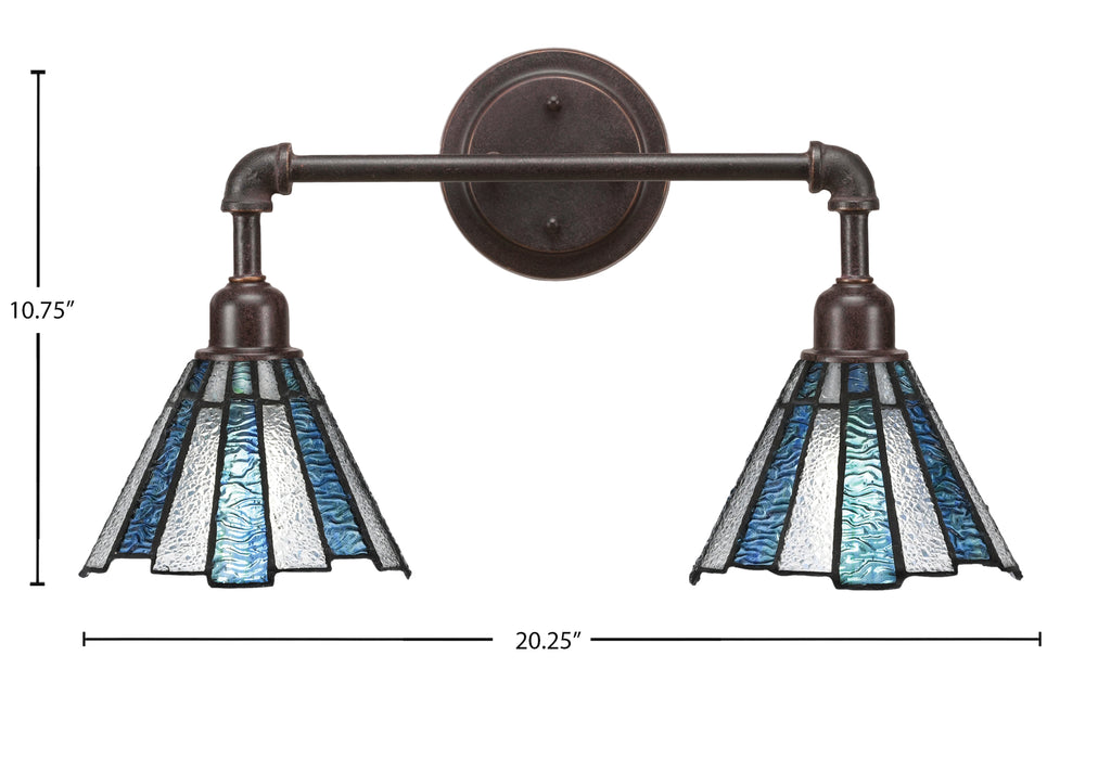 Vintage Two Light Bath Bar in Dark Granite with 7" Sea Ice Art Glass Shade