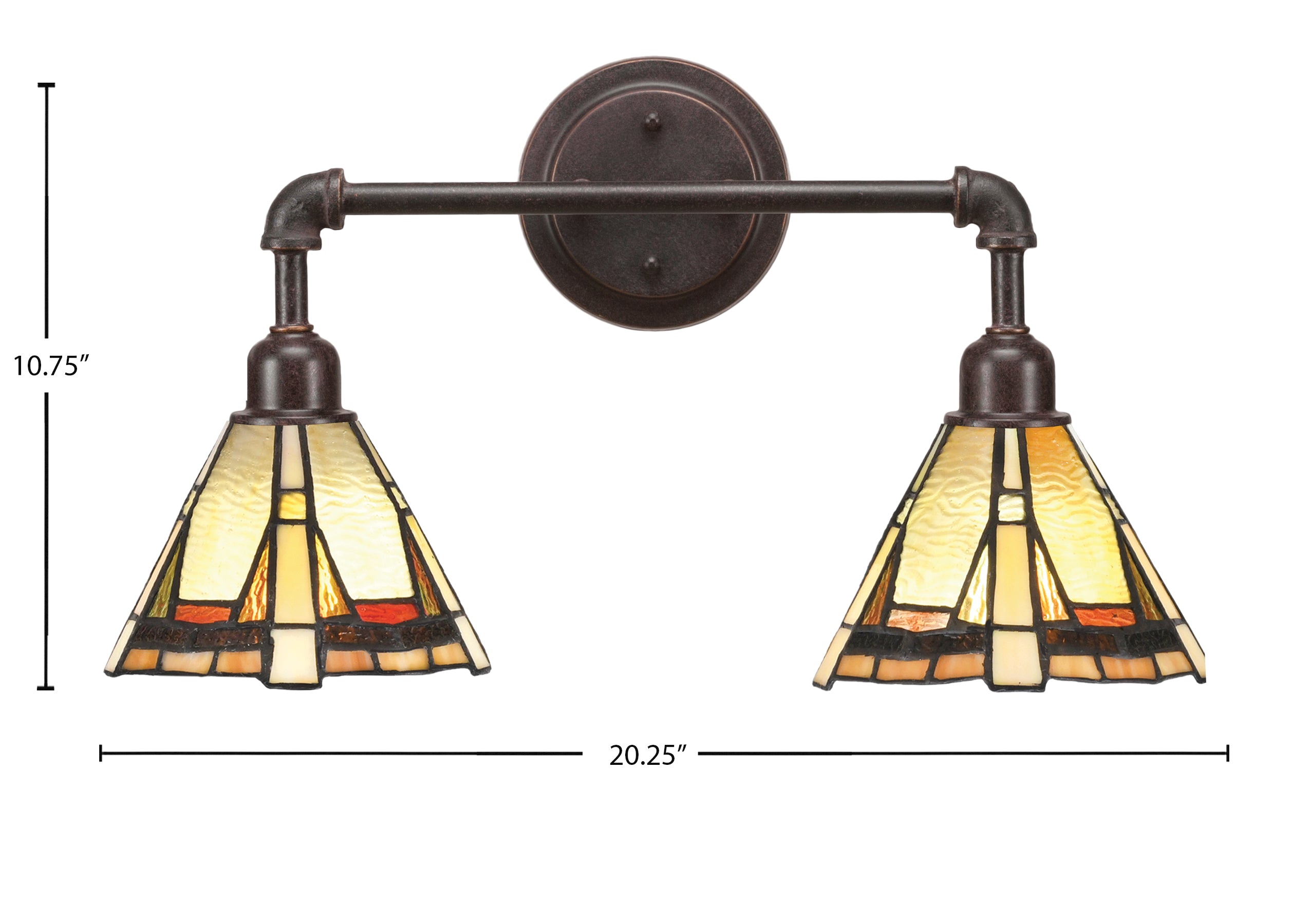 Vintage Two Light Bath Bar in Dark Granite with 7" Zion Art Glass Shade